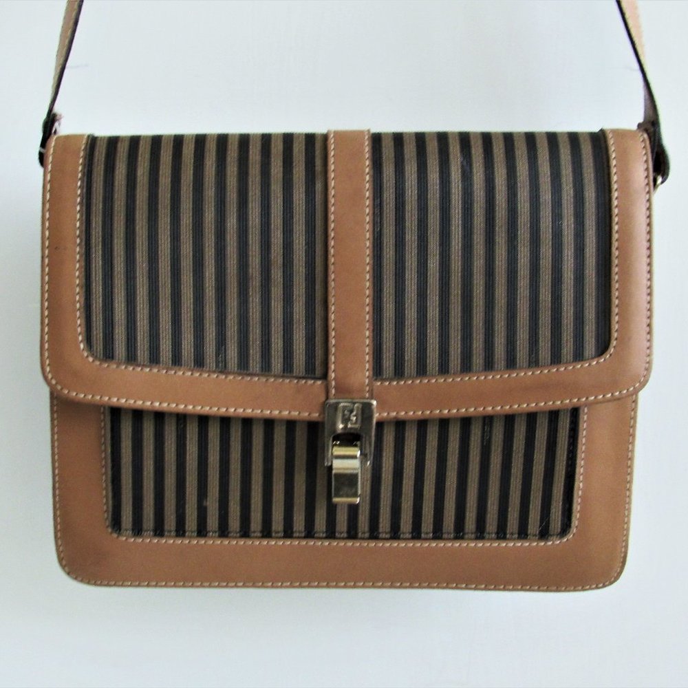 Vintage Fendi S.A.S. Pequin Stripe & Tan Leather Shoulder/Crossbody Bag